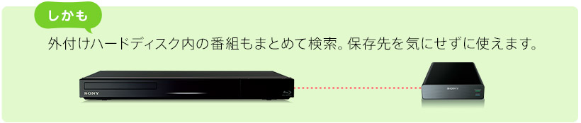 しかも、外付けハードディスク内の番組もまとめて検索。保存先を気にせずに使えます。