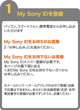 1 My Sony IDo^@p\RAX}[gtHAgѓdb炨\݂܂@My Sony ID̂ql@2 u\݁vɂi݂B@My Sony IDłȂql@My Sony IDo[o^KvłB{y[W̍ŉɂ遃܂My Sony IDłȂ炨\݂B@[o[i[AhX݂̂̂o^jŉ͂ł܂B炩߉o^iOEZEdbԍ̓o^KvłĵA傭