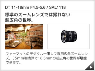 DT 11-18mm F4.5-5.6 / SAL1118 b W̃Y[Ył͎BȂLp̐EB b APS-C tH[}bg̃fW^჌tpLpY[YB35mmZ16.5̒Lp̐E\ł܂B