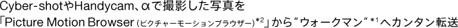 Cyber-shotやHandycam、αで撮影した写真を「Picture Motion Browser(ピクチャーモーションブラウザー)*2」から“ウォークマン”*1へカンタン転送