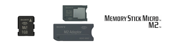1GB ｢メモリースティック マイクロ｣（M2）（左）(『MS-A1GD』*M2デュオサイズアダプター同梱(右上)) メモリースティック マイクロアダプター『MSAC-MMD』(右上 M2デュオサイズアダプター), 『MSAC-MMS』(右下 M2スタンダードサイズアダプター)