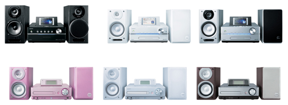 （上段左から）HDDコンポ “ネットジューク” 『NAS-M700HD』 『NAS-D500HD』（ホワイト）（シルバー） （下段左から）HDDコンポ 『CMT-E300HD』（ピンク）（ホワイト）（シルバー）
