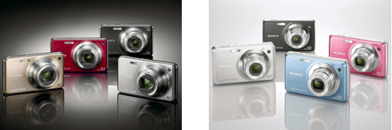 （左）デジタルスチルカメラ“サイバーショット”『DSC-W270』（左から：ゴールド、レッド、ブラック、シルバー）（右）デジタルスチルカメラ“サイバーショット”『DSC-W220』（左から：シルバー、ブラック、ブルー、ピンク）