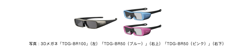 写真：3Dメガネ「TDG-BR100」（左）「TDG-BR50（ブルー）」（右上）「TDG-BR50（ピンク）」（右下）