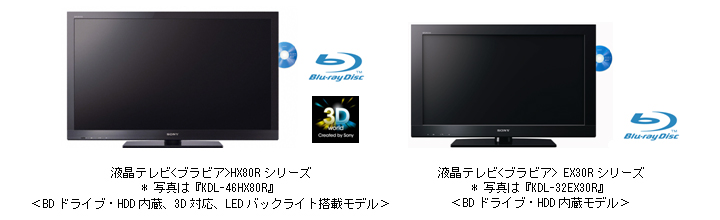 （左）液晶テレビ〈ブラビア〉HX80Rシリーズ * 写真は『KDL-46HX80R』＜BDドライブ・HDD内蔵、3D対応、LEDバックライト搭載モデル＞、（右）液晶テレビ〈ブラビア〉 EX30Rシリーズ　*写真は『KDL-32EX30R』＜BDドライブ・HDD内蔵モデル＞