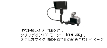 『VCT-55LH』と“NEX-5”、クリップオンLCDモニター『CLM-V55』、ステレオマイク『ECM-SST1』の組み合わせイメージ
