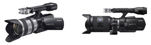 左：レンズ交換式デジタルHDビデオカメラレコーダー『NEX-VG20』　右：『NEX-VG20』に『LA-EA2』を介してAマウントレンズを装着したイメージ