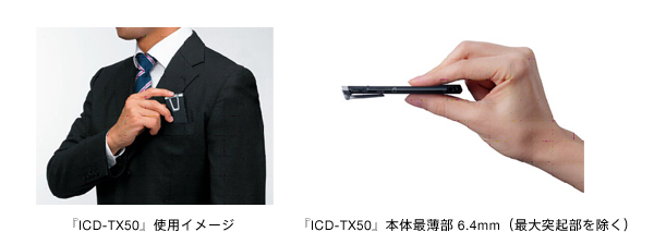 『ICD-TX50』使用イメージ／『ICD-TX50』本体最薄部6.4mm（最大突起部を除く）