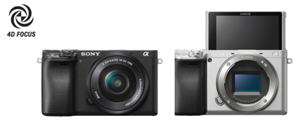レンズ交換式デジタル一眼カメラ『α6400』（左：ブラック、右：シルバー　可動式モニター180度回転時)
