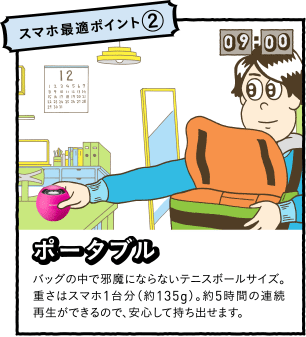 �X�}�z�œK�|�C���g2�F�|�[�^�u���@�o�b�O�̒��Ŏז��ɂȂ�Ȃ��e�j�X�{�[���T�C�Y�B�d���̓X�}�z1�䕪�i��135g�j�B��5���Ԃ̘A���Đ����ł���̂ŁA���S���Ď����o���܂��B