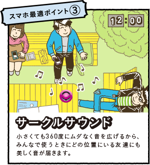 �X�}�z�œK�|�C���g3�F�T�[�N���T�E���h�@�������Ă�360�x�Ƀ��_�Ȃ������L���邩��A�݂�ȂŎg���Ƃ��ɂǂ̈ʒu�ɂ���F�B�ɂ������������͂��܂��B�ۂ��̂͌`�����ł͂���܂���B