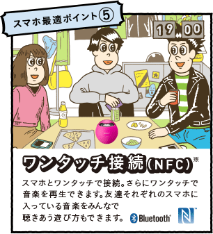 �X�}�z�œK�|�C���g5�F�����^�b�`�ڑ��iNFC�j���@�X�}�z�ƃ����^�b�`�Őڑ��B����Ƀ����^�b�`�ŉ��y���Đ��ł��܂��B�F�B���ꂼ��̃X�}�z����v���C���X�g�����L����V�ѕ����ł��܂��B