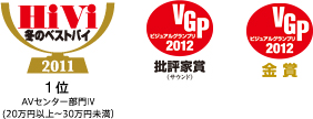 2011 1位 AVセンター部門　IV(20万円以上〜30万円未満）VGP2012　批評家賞（サウンド） VGP2012 金賞