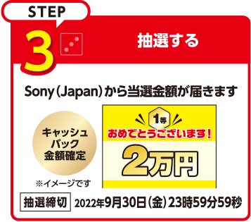 STEP3 抽選する。Sony(Japan)から当選金額が届きます。抽選締め切り：2022年9月30日(金)23時59分59秒