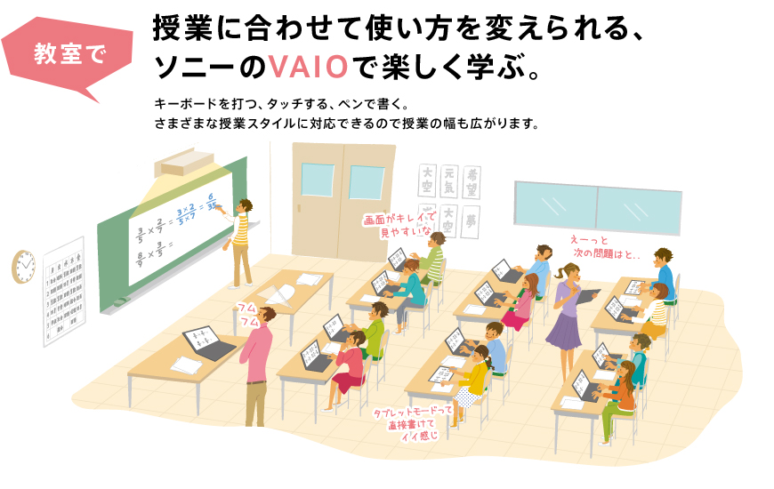 �����Ŏ��Ƃɍ��킹�Ďg������ς�����A�\�j�[��VAIO�Ŋy�����w�ԁB �L�[�{�[�h��łA�^�b�`����A�y���ŏ����B���܂��܂Ȏ��ƃX�^�C���ɑΉ��ł���̂Ŏ��Ƃ̕����L����܂��B