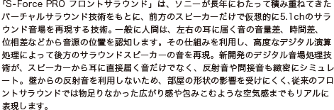 �uS-Force PRO �t�����g�T���E���h�v�́A�\�j�[�����N�ɂ킽���Đςݏd�˂Ă����o�[�`�����T���E���h�Z�p�����ƂɁA�O���̃X�s�[�J�[�����ŉ��z�I��5.1ch�̃T���E���h������Č�����Z�p�B��ʂɐl�Ԃ́A���E�̎��ɓ͂����̉��ʍ��A���ԍ��A�ʑ����Ȃǂ��特���̈ʒu��F�m���܂��B���̎d�g�݂𗘗p���A���x�ȃf�W�^�����Z�����ɂ���Č���̃T���E���h�X�s�[�J�[�̉����Č��B�V�J���̃f�W�^�����ꏈ���Z�p���A�X�s�[�J�[���玨�ɒ��ړ͂��������łȂ��A���ˉ���Ԑډ����k���ɃV�~�����[�g�B�ǂ���̔��ˉ��𗘗p���Ȃ����߁A�����̌`��̉e�����󂯂ɂ����A�]���̃t�����g�T���E���h�ł͕�����Ȃ������L���芴���݂��ނ悤�ȋ�C���܂ł����A���ɕ\�����܂��B