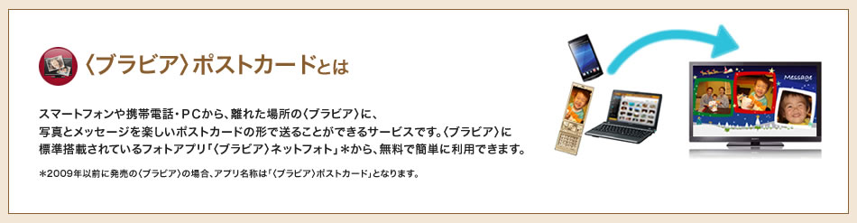 �X�}�[�g�t�H����g�ѓd�b�EPC����A���ꂽ�ꏊ�́q�u���r�A�r�ɁA
�ʐ^�ƃ��b�Z�[�W���y�����|�X�g�J�[�h�̌`�ő��邱�Ƃ��ł���T�[�r�X�ł��B�q�u���r�A�r��
�W�����ڂ���Ă���t�H�g�A�v���u�q�u���r�A�r�l�b�g�t�H�g�v������A�����ŊȒP�ɗ��p�ł��܂��B��2009�N�ȑO�ɔ����́q�u���r�A�r�̏ꍇ�A�A�v�����̂́u�q�u���r�A�r�|�X�g�J�[�h�v�ƂȂ�܂��B�@�ڂ����͂�����