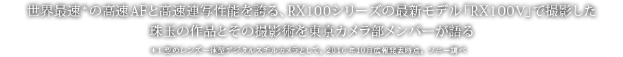 世界最速*の高速AFと高速連写性能を誇る、RX100シリーズの最新モデル「RX100 V」で撮影した珠玉の作品とその撮影術を東京カメラ部メンバーが語る。＊1型のレンズ一体型デジタルスチルカメラとして。2016年10月広報発表時点。ソニー調べ