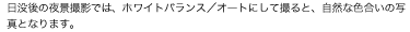 日没後の夜景撮影では、ホワイトバランス/オートにして撮ると、自然な色合いの写真となります。