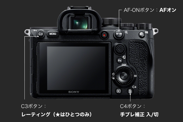 AF-ON�{�^���FAF�I���AC3�{�^���F���[�e�B���O�i���͂ЂƂ̂݁j�AC4�{�^���F��u���␳ ��/��