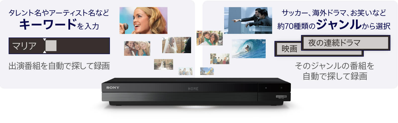 �^�����g����A�[�e�B�X�g���ȂǃL�[���[�h����́B�T�b�J�[�A�C�O�h���}�A���΂��Ȃǖ�70��ނ̃W����������I���B�L�[���[�h��W��������I�Ԃ����Ŏ����Ř^�悳��܂��B