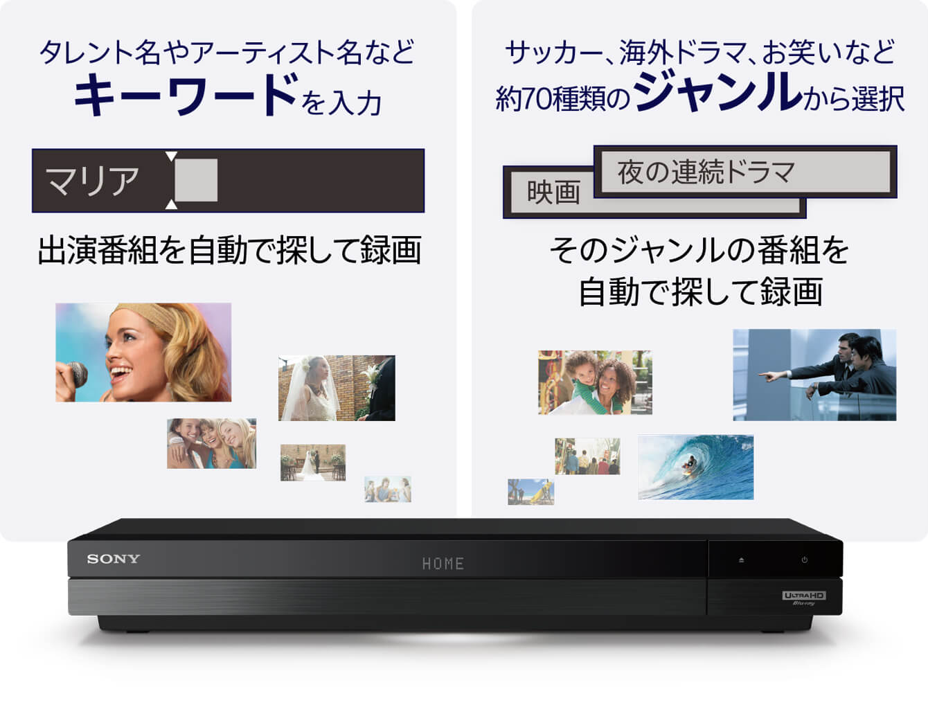 �^�����g����A�[�e�B�X�g���ȂǃL�[���[�h����́B�T�b�J�[�A�C�O�h���}�A���΂��Ȃǖ�70��ނ̃W����������I���B�L�[���[�h��W��������I�Ԃ����Ŏ����Ř^�悳��܂��B