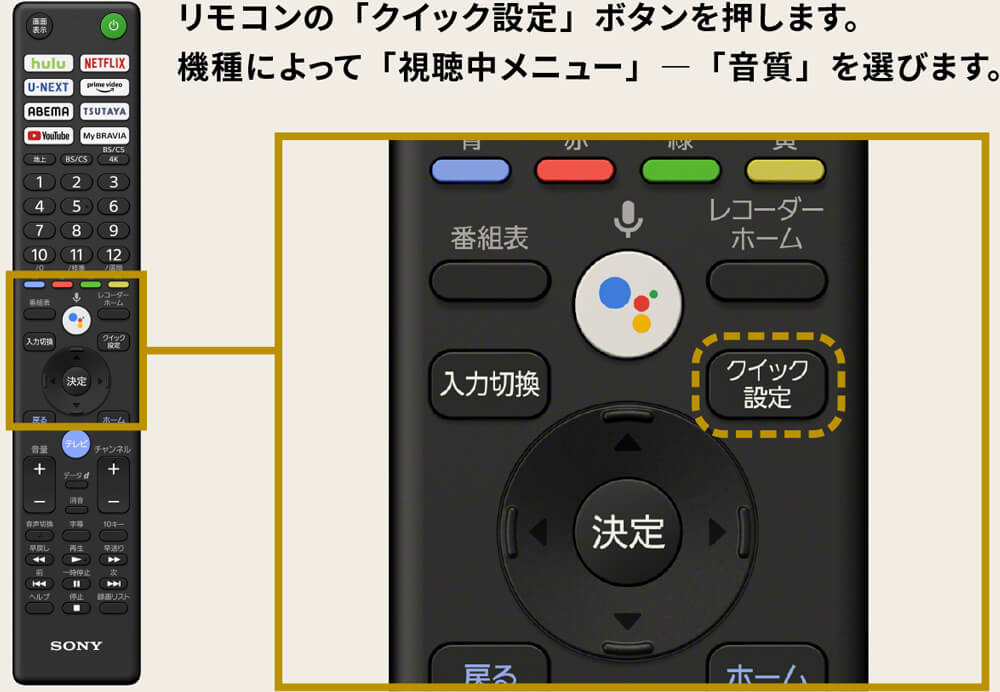 リモコンの「クイック設定」ボタンをおします。機種によって「視聴中メニュー」-「音質」を選びます。
