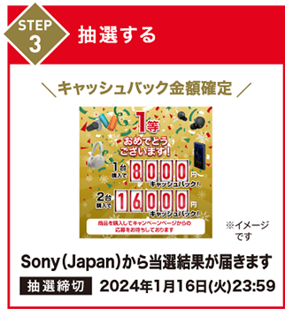STEP3 抽選する。Sony(Japan)から当選金額が届きます。抽選締め切り：2024年1月16日(火)23時59分