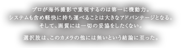 プロが海外撮影で重視するのは第一に機動力。システムも含め軽快に持ち運べることは大きなアドバンテージとなる。そして、画質には一切の妥協をしたくない。選択肢は、このカメラの他には無いという結論に至った。