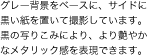 グレー背景をベースに、サイドに黒い紙を置いて撮影しています。黒の写りこみにより、より艶やかなメタリック感を表現できます。