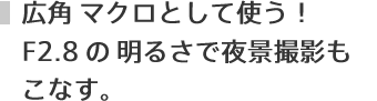 広角マクロとして使う!F2.8の明るさで夜景撮影もこなす。
