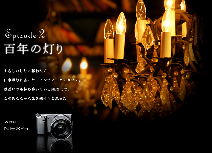 Episode 2 �S�N�̓��� 
�₳��������ɗU����
�d���A��Ɋ�����A�A���e�B�[�N�E�J�t�F�B
�ŋ߂������������Ă���NEX-5�ŁA
���̂��������Ȍ����c�����Ǝv�����B