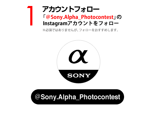 1：アカウントフォロー 「@Sony.Alpha_Photocontest」のInstagramアカウントをフォロー ※必須ではありませんが、フォローをおすすめします。