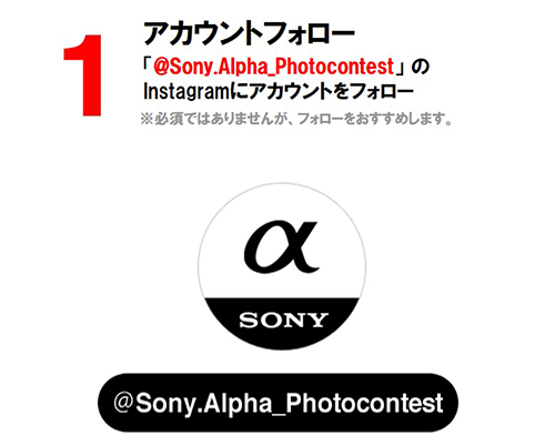 1：アカウントフォロー 「@Sony.Alpha_Photocontest」のInstagramアカウントをフォロー ※必須ではありませんが、フォローをおすすめします。