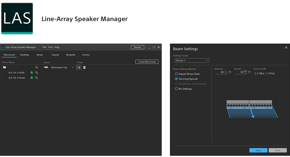 Line-Array Speaker Manager設定画面
