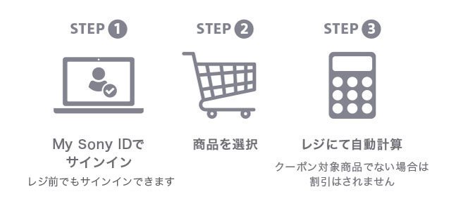 STEP1 My Sony ID�Ń��O�C�� ���W�O�ł����O�C���ł��܂� STEP2 ���i��I�� STEP3 ���W�ɂĎ����v�Z �N�[�|���Ώۏ��i�łȂ��ꍇ�͊�������܂���