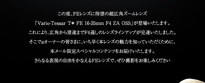 ���̓x�AFE�����Y�ɑҖ]�̒��L�p�Y�[�������Y�uVario-Tessar T�� FE 16-35mm F4 ZA OSS�v���o�ꂢ�����܂��B����ɂ��A�L�p����]���܂�F4�ʂ��̃����Y���C���A�b�v�������������܂����B�����Ń��I�[�i�[�̊F���܂ɁA���������{�����Y�̖��͂�m���Ă����������߂ɁA�{���[������X�y�V�����R���e���c�����͂��������܂��B����Ȃ�\���̎��R�����Ȃ���FE�����Y�ŁA���ЎB�e�����y���݂�������