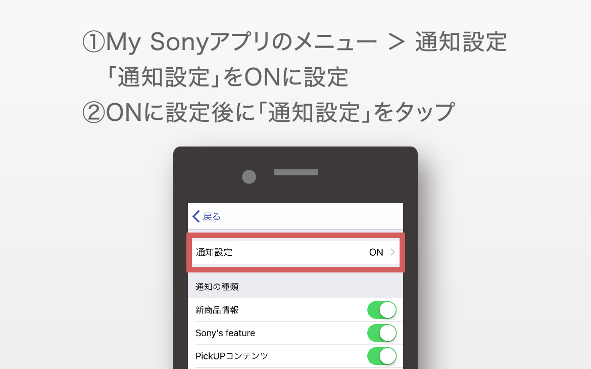 ①My Sony�A�v���̃��j���[ �� �ʒm�ݒ�@�u�ʒm�ݒ�v��ON�ɐݒ�@②ON�ɐݒ��Ɂu�ʒm�ݒ�v���^�b�v