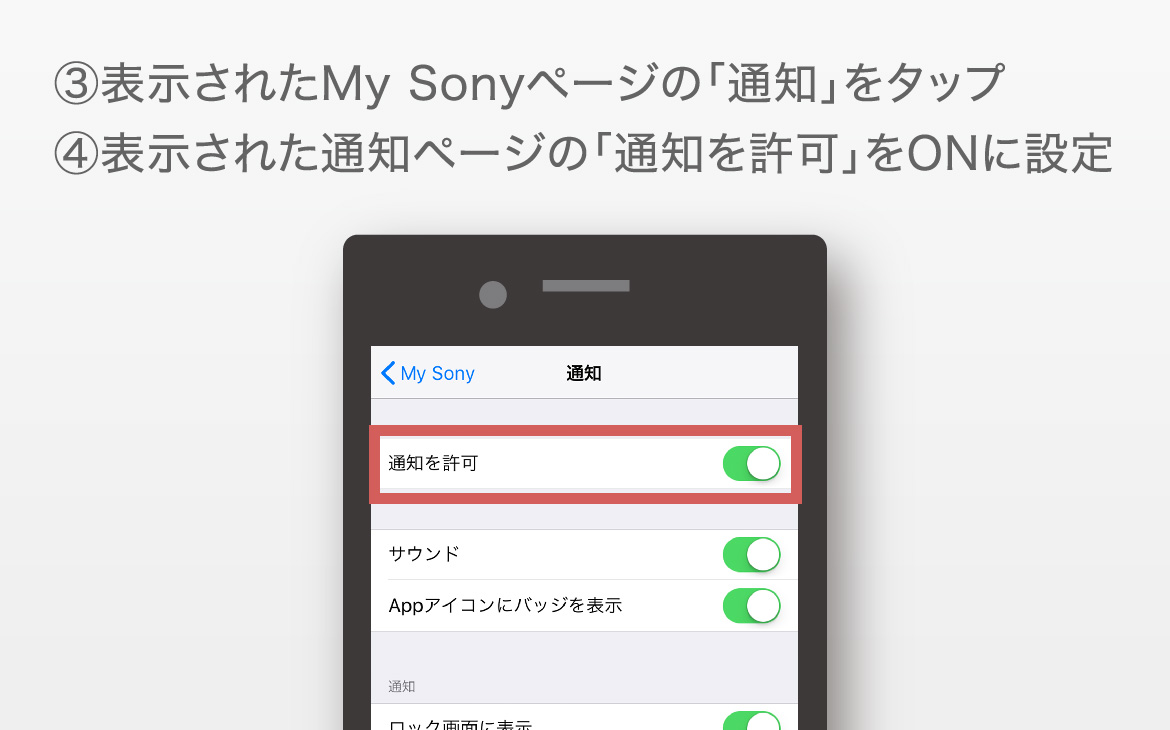 ③�\�����ꂽMy Sony�y�[�W�́u�ʒm�v���^�b�v�@④�\�����ꂽ�ʒm�y�[�W�́u�ʒm�����v��ON�ɐݒ�