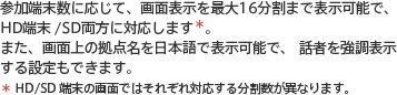 参加端末数に応じて、画面表示を最大16分割まで表示可能で、HD端末 /SD両方に対応します*。また、画面上の拠点名を日本語で表示可能で、 話者を強調表示する設定もできます。
