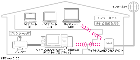 ワイヤレスLAN機能によるバイオの家庭内LANのイメージ。
