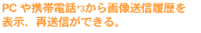 PC や携帯電話から画像送信履歴を表示、再送信ができる。