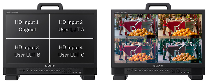Quad Viewモードでオリジナルと3種類のLUT適用比較