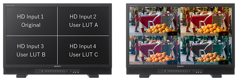 Quad Viewモードでオリジナルと3種類のLUT適用比較