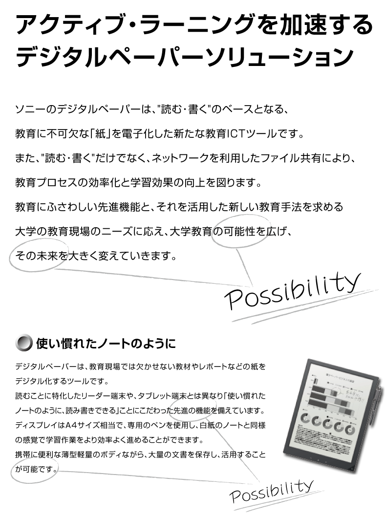 �A�N�e�B�u���[�j���O������������
�\�j�[�̃f�W�^���y�[�p�[���\�����[�V����
�\�j�[�̃f�W�^���y�[�p�[�́A�ǂށE�����̃x�[�X�ƂȂ�A
����ɕs���ȁu���v��d�q�������V���ȋ���ITC�c�[���ł��B
�܂��A�ǂށE���������łȂ��A�l�b�g���[�N������t�@�C�����L�@�\�ɂ��A
����v���Z�X�̌������Ɗw�K���ʂ̌����}��܂��B
����ɂӂ��킵����i�@�\�ƁA��������p�����V���������@�����߂�
��w�̋��猻��̃j�[�Y�ɉ����A��w����̉\�����L���A
���̖�����傫���ς��Ă����܂��B
��i���������
�f�W�^���y�[�p�[�́A���猻��ł͌������Ȃ����ނ⃌�|�[�g�Ȃǂ̎����f�W�^��������c�[���ł��B
�ǂނ��Ƃɓ����������[�_�[��A�^�u���b�gPC�Ƃ͈قȂ�u�g�����ꂽ�m�[�g�̂悤�ɁA�ǂݏ����ł���v���Ƃɂ����������i�̋@�\������Ă��܂��B
�t���f�B�X�v���C��A4�T�C�Y�����ŁA��p�̃y�����g�p���A�����̃m�[�g�Ɠ��l�̊��o�Ŋw�K��Ƃ��������悭�i�߂邱�Ƃ��ł��܂��B
�܂��A�������[�J�[�h�X���b�g���������Ă���̂ŁA�g�тɕ֗��Ȕ��^�y�ʂ̃{�f�B�Ȃ���A��ʂ̕�����ۑ����A���p���邱�Ƃ��\�ł��B