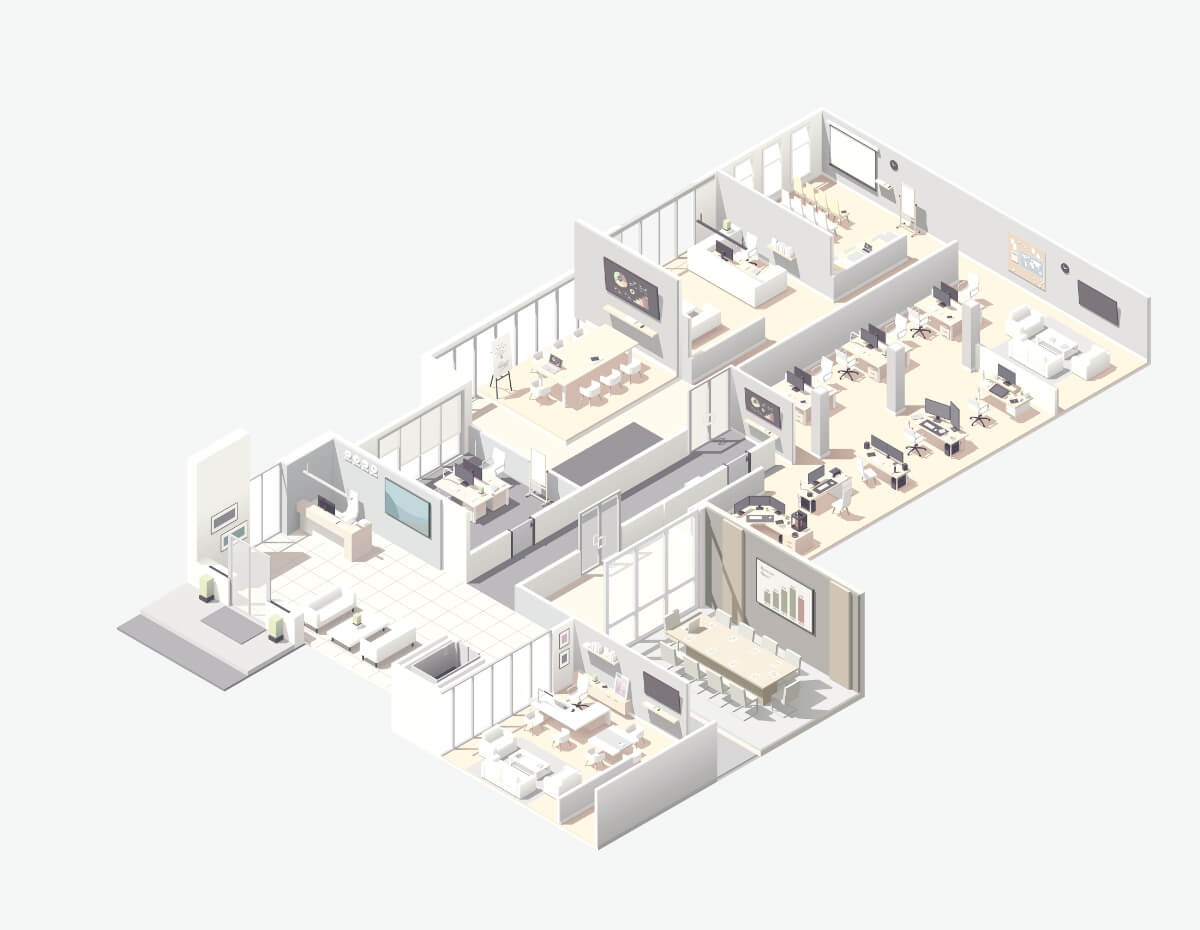 さまざまな空間に最適なソニーのソリューションを導入したオフィス全体を描いたイラストレーション