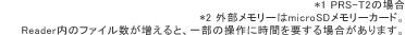 *1 PRS-T2�̏ꍇ
*2 �O���������[��microSD�������[�J�[�h�B
Reader���̃t�@�C������������ƁA�ꕔ�̑���Ɏ��Ԃ�v����ꍇ������܂��B