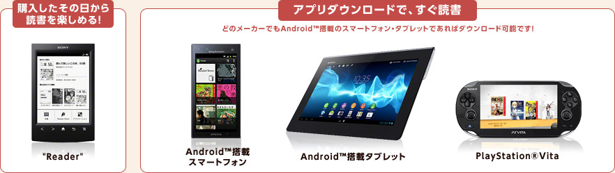 �w���������̓�����Ǐ����y���߂�I
�hReader�h
�A�v���_�E�����[�h�ŁA�����Ǐ�
�ǂ̃��[�J�[�ł�Android&trade;���ڂ̃X�}�[�g�t�H���E�^�u���b�g�ł���΃_�E�����[�h�\�ł��I
Android&trade;���ڃX�}�[�g�t�H��
Android&trade;���ڃ^�u���b�g
PlayStation&reg;Vita