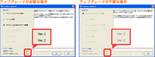 �p�\�R���ƃJ�����{�̂̕\�����m�F��A[����] ���N���b�N����ƌ��݂̃o�[�W�����ƃA�b�v�f�[�g��̃o�[�W�������\������܂��B