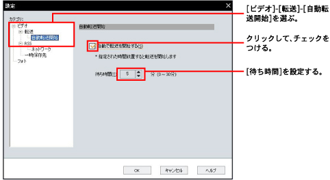 [�r�f�I]-[�]��]-[�����]���J�n]��I�ԁB�@�N���b�N���āA�`�F�b�N������B�@[�҂�����]��ݒ肷��B